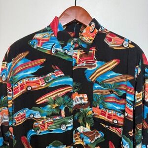 Vintage 90s Hawaiian Shirt XL Rayon Surf Cars Woody Wagons Black Korea